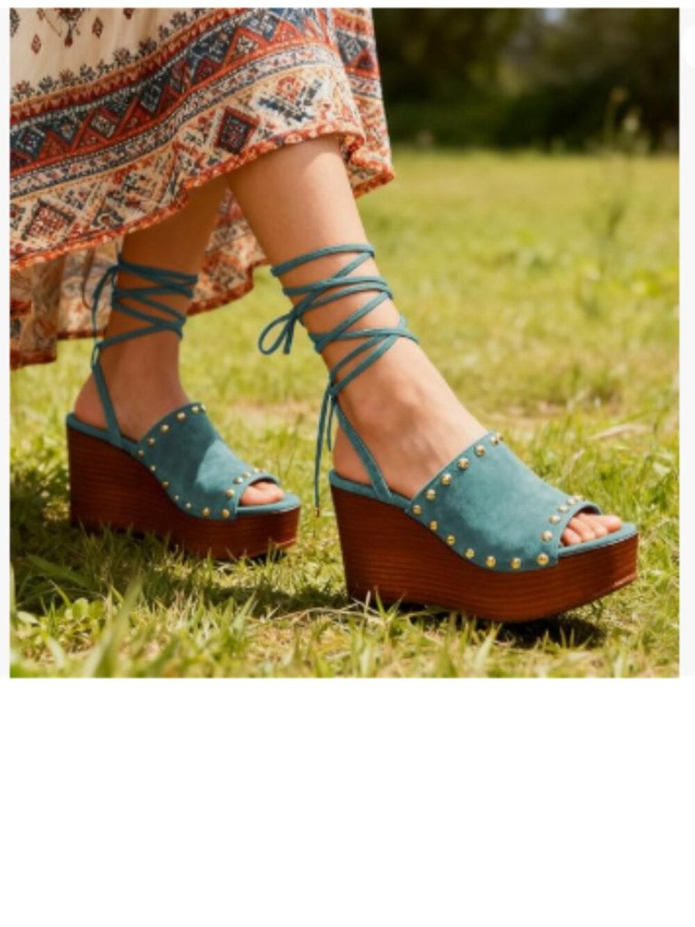 miss left Turquoise Unique Studded Open Toe Strappy Platform Wedge Heel Sandals